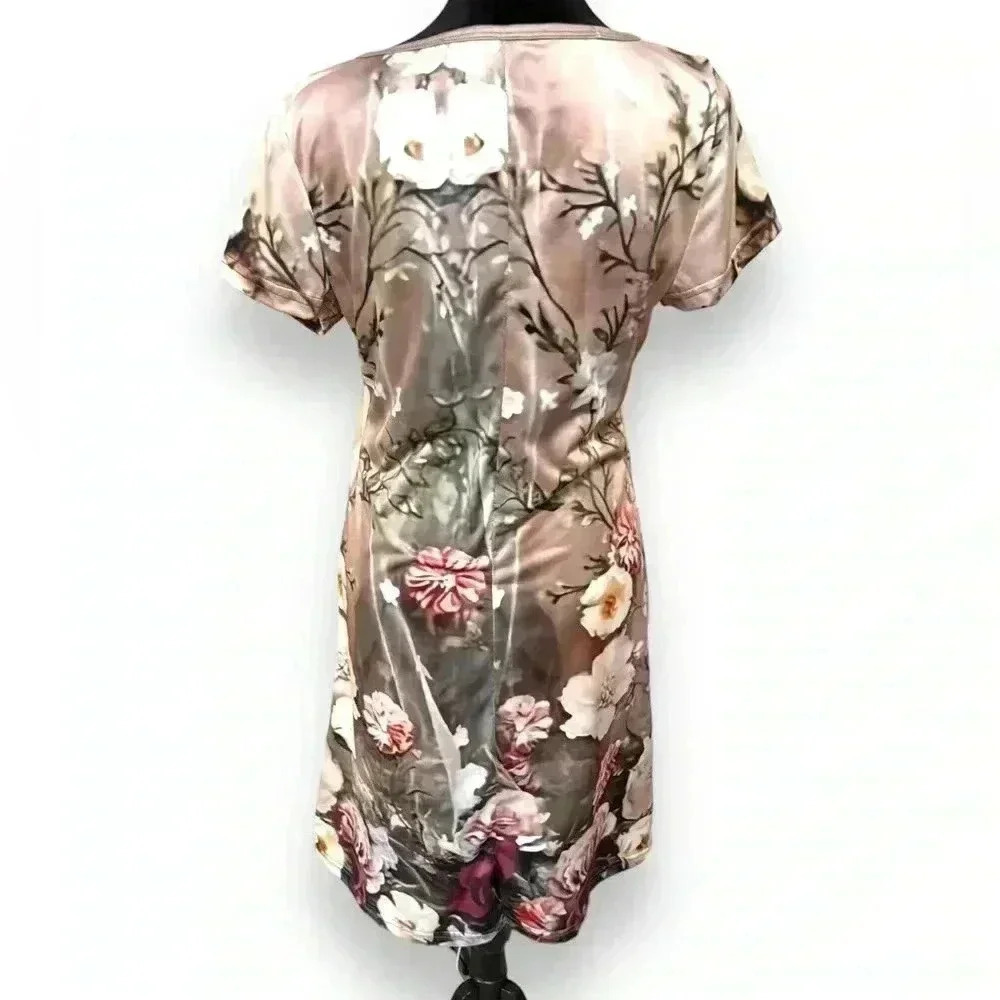 Women's V Neck Loose Dress Summer Khaki Floral Print Size Small T-shirt Dress - Picture 12 of 14